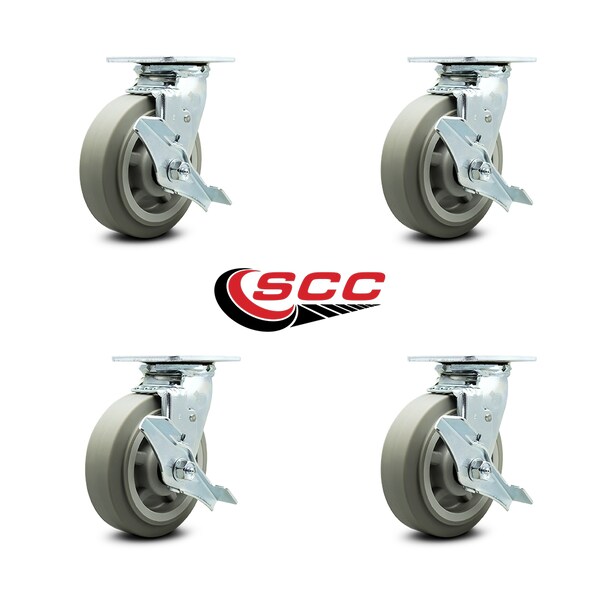6 Inch Thermoplastic Rubber Swivel Caster Set with Ball Bearings and Brakes SCC